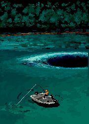  1other baseball_cap boat fishing fishing_rod hat highres hisachan55cute holding holding_fishing_rod hole lake original outdoors pixel_art scenery solo swirl watercraft whirlpool 
