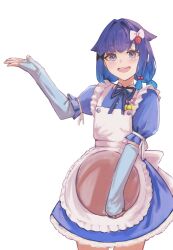  1girl alternate_costume apron arm_warmers blue_dress blue_eyes blue_hair border bow cowboy_shot dress enmaided food frilled_apron frills gradient_hair hair_bow hair_flaps highres holding holding_tray looking_at_viewer low_twintails maid maid_apron medium_hair multicolored_hair neck_ribbon open_mouth parted_bangs puffy_short_sleeves puffy_sleeves ribbon short_sleeves simple_background solo teeth tray tsubu_(kappunioyu562) tsumugi_kokage twintails upper_teeth_only virtual_youtuber vspo! white_apron white_background 