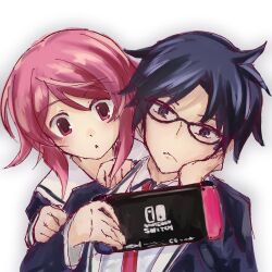  1boy 1girl :o black_hair blush chaos;child cheren_r curious glasses hekiho_academy_school_uniform hetero miyashiro_takuru nintendo_switch onoe_serika pink_eyes pink_hair school_uniform science_adventure short_hair smile 