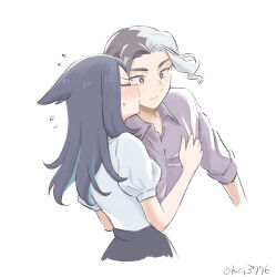  1boy 1girl amethio_(pokemon) black_hair blue_hair blush collared_shirt colored_inner_hair dress_shirt grey_hair hetero highres kiss kissing_cheek liko_(pokemon) multicolored_hair oka_3776 pokemon pokemon_(anime) pokemon_horizons purple_shirt shirt short_sleeves simple_background sleeves_rolled_up smile symbol-shaped_pupils triangle-shaped_pupils two-tone_hair violet_eyes white_background white_shirt wing_collar 