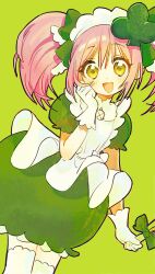  1girl amulet_spade apron blush bubble_skirt commentary dress gloves green_background hair_ornament hand_on_own_cheek hand_on_own_face highres hinamori_amu holding holding_wand long_hair looking_at_viewer magical_girl maid_headdress open_mouth pink_hair q_yan31 shugo_chara! skirt smile solo spade_hair_ornament symbol-only_commentary thigh-highs twintails wand yellow_eyes 