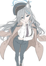  1girl alternate_costume black_pants blue_archive blue_eyes blue_hat bright_pupils brown_coat closed_mouth coat grey_hair hair_between_eyes hat highres long_hair looking_at_viewer mismatched_pupils necktie pants purple_necktie shiroko_terror_(blue_archive) simple_background smile solo standing striped_clothes striped_necktie striped_pants t1kosewad vertical-striped_clothes vertical-striped_pants white_background white_pupils 