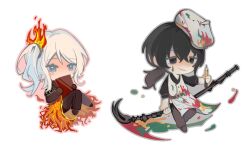  1boy 1girl apron ardor_blossom_star_(e.g.o) beret black_eyes black_hair black_pants black_shirt blue_eyes blush_stickers brown_gloves brown_jacket chibi clipboard e.g.o_(project_moon) faust_(project_moon) fiery_clothing fire fire_hair_ornament full_body gloves grey_pants hat highres holding holding_clipboard holding_pencil holding_weapon jacket lce_(identity)_(project_moon) limbus_company long_sleeves looking_at_viewer low_ponytail paint_on_clothes paint_stains pants pencil ponytail project_moon ring_(identity)_(project_moon) shirt short_hair side_ponytail simple_background single_blush_sticker standing teardrop_facial_mark vgh3pncsgb22169 weapon white_apron white_background white_hair white_hat yi_sang_(project_moon) 