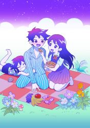  1girl 2boys apple arm_support banana barefoot basket blush bright_pupils brothers checkered_blanket chocolate_chip_cookie closed_eyes clouds collared_shirt colored_skin cookie double-parted_bangs flower flying_sweatdrops food fruit g_tsurius grapes grin hector_(omori) hero_(headspace)_(omori) hero_(omori) highres holding holding_basket holding_cookie holding_food kel_(headspace)_(omori) kel_(omori) kneeling lily_of_the_valley long_hair looking_at_another mari_(headspace)_(omori) mari_(omori) multiple_boys mushroom neckerchief nervous_smile omori open_mouth outdoors pajamas pants pet_rock picnic_blanket pleated_skirt purple_hair purple_shorts purple_sky purple_sweater_vest red_neckerchief red_skirt shirt short_hair shorts siblings skirt sky smile striped_clothes striped_pajamas striped_pants sweater_vest tank_top teeth vertical-striped_clothes vertical-striped_pajamas vertical-striped_pants violet_eyes white_pupils white_shirt white_skin 
