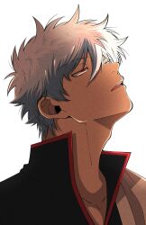  1boy adam's_apple black_shirt collarbone facing_up gintama grey_hair hadanugi_dousa hair_between_eyes half-closed_eyes highres japanese_clothes kimono looking_up male_focus messy_hair open_mouth parted_lips pectoral_cleavage pectorals popped_collar portrait red_eyes sakata_gintoki shirt short_hair solo teeth upper_teeth_only white_background white_kimono yubi_nui21 