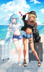  2girls absurdres ahoge beach bikini black_choker black_hair black_hat black_jacket black_sandals blonde_hair blue_hair blue_shorts blue_sky blush braid choker clouds commentary_request earrings fang frilled_bikini frills full_body hat heart highres holding holding_removed_eyewear jacket jewelry kaminari_qpi looking_at_viewer mika_uni multicolored_hair multiple_girls navel ocean open_clothes open_jacket open_mouth orange_hair outdoors rolling_suitcase sandals see-through_clothes see-through_jacket see-through_shirt shiranami_ramune shirt shorts sky standing suitcase sunglasses swimsuit teeth thigh_strap two-tone_hair unworn_eyewear virtual_youtuber vspo! white_bikini white_hair white_sandals 