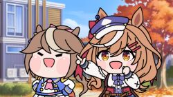  animal_ears ascot asymmetrical_gloves belt_bag blush bow brown_hair ear_bow ear_covers ear_ornament ear_ribbon ears_through_headwear epaulettes gloves hair_ornament hairclip hat high_ponytail horse_ears horse_girl matikanetannhauser_(panpaka_tiltott)_(umamusume) matikanetannhauser_(umamusume) medium_hair mismatched_gloves mot_(mad_odd_tea) multicolored_hair multiple_girls newsboy_cap open_mouth pink_ascot ponytail short_hair single_epaulette smile streaked_hair tilted_headwear tokai_teio_(peak_joy)_(umamusume) tokai_teio_(umamusume) two-tone_hair umamusume umamusume_tanuki 