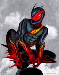  1boy armor artist_name black_bodysuit bodysuit compound_eyes full_body gauntlets green_armor highres kamen_rider kamen_rider_zeztz kamen_rider_zeztz_(series) male_focus obakelope0530 red_eyes solo squatting tokusatsu 