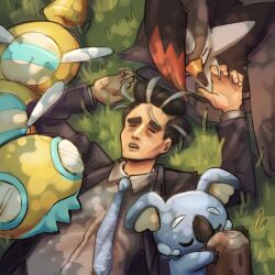  beak bird black_hair black_jacket blue_necktie closed_eyes collared_shirt day dudunsparce dudunsparce_(two-segment) grass grey_fur grey_shirt highres jacket komala larry_(pokemon) lying necktie on_back open_clothes open_jacket outdoors pokemon pokemon_(creature) pokemon_sv shirt short_hair sleeping staraptor yellcrow 