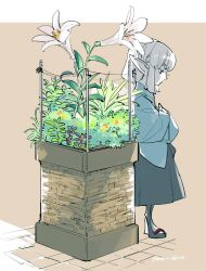  1boy blue_eyes brown_background elf fern final_fantasy final_fantasy_xiv flower full_body grass pointy_ears solo white_flower white_hair yabuka_shiwa 