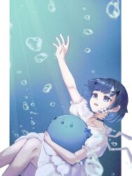  1girl air_bubble alternate_costume black_choker blue_eyes blue_hair bubble choker creature dress feet_out_of_frame gradient_hair hair_flaps highres holding holding_creature medium_hair multicolored_hair open_mouth outside_border pillarboxed puffy_short_sleeves puffy_sleeves reaching short_sleeves solo tsubu_(kappunioyu562) tsumugi_kokage underwater virtual_youtuber vspo! water_drop_hair_ornament white_dress 
