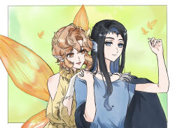  2others arionus_(shining_nikki) bare_arms bare_shoulders black_cape black_hair blue_eyes blue_hair blue_tunic border brown_hair butterfly_hair_ornament cape circlet closed_mouth clothing_cutout colored_inner_hair commentary_request eyelashes fairy fairy_wings fingernails fins frilled_sleeves frills gloves green_background hair_ornament hand_on_another&#039;s_shoulder hand_on_own_shoulder hand_up happy head_fins hephaes_(shining_nikki) highres holding_hands jewelry kohanai_setsuna long_sleeves looking_at_another looking_at_viewer messy_hair multicolored_hair multiple_others necklace nikki_(series) orange_wings other_focus other_with_other outside_border parted_bangs pointy_ears pointy_nose puffy_long_sleeves puffy_sleeves shining_nikki short_hair shoulder_cutout side_cape single_hair_intake smile tunic two-tone_hair upper_body white_border white_gloves wings yellow_tunic 