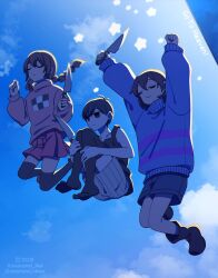  1boy 1girl 1other arms_up black_boots black_shorts black_tank_top black_thighhighs blue_sky blue_sweater boots braid brown_hair closed_eyes closed_mouth clouds collarbone colored_skin day expressionless frisk_(undertale) holding holding_knife knees_up knife long_hair low_twin_braids madotsuki maromichan omori omori_(omori) outdoors pleated_skirt red_skirt red_sweater shorts skirt sky striped_clothes striped_shorts sweater tank_top thigh-highs trait_connection twin_braids twitter_username undertale utdr_(toby_fox) vertical-striped_clothes vertical-striped_shorts white_shorts white_skin yume_nikki 