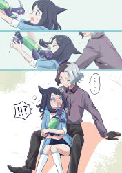  !? &gt;_&lt; ... 1boy 1girl amethio_(pokemon) black_gloves black_hair black_pants blue_hair blue_jacket blush closed_eyes collared_shirt colored_inner_hair dress_shirt embarrassed falling full-face_blush gloves grey_hair highres jacket kneehighs liko_(pokemon) looking_back multicolored_hair oka_3776 open_clothes open_jacket pants pokemon pokemon_(anime) pokemon_(creature) pokemon_horizons proist purple_shirt shirt sitting socks speech_bubble spoken_ellipsis sweatdrop terapagos two-tone_hair white_shirt white_socks wing_collar 