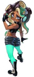  1girl black_boots black_hair boots breasts crop_top dark-skinned_female dark_skin fingerless_gloves gloves green_eyes green_pantyhose headphones highres laz_gm long_hair marina_(splatoon) mole mole_under_mouth octoling pantyhose smile solo splatoon_(series) splatoon_2 suction_cups tentacle_hair 