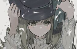  1girl 8ru aged_down black_hat blue_bow boater_hat bow closed_mouth dot_mouth dress facing_viewer hands_on_headwear hands_up hat hat_bow looking_up portrait reverse:1999 solo vertin_(reverse:1999) white_background white_dress 