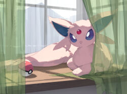  animal_ears backlighting commentary curled_up curtain_grab curtains english_commentary espeon forehead_jewel getting_up lying no_humans olyester on_windowsill pink_fur poke_ball pokemon pokemon_(creature) see-through_curtains waist_poke_ball waking_up window 