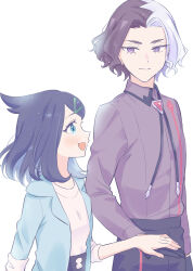 1boy 1girl :d amethio_(pokemon) backlighting black_gloves black_hair black_ribbon blue_eyes blue_hair blue_jacket closed_mouth collared_shirt colored_inner_hair couple dress_shirt eye_contact gloves hand_on_another&#039;s_hand height_difference hetero highres jacket liko_(pokemon) looking_at_another multicolored_hair neck_ribbon oka_3776 open_clothes open_jacket open_mouth pokemon pokemon_(anime) pokemon_horizons purple_shirt ribbon shirt smile two-tone_hair violet_eyes white_background white_hair white_shirt wing_collar 