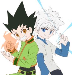  2boys back-to-back belt black_belt black_hair black_pants black_shirt blue_eyes blue_sleeves casting_spell closed_mouth commentary cowboy_shot electricity english_commentary enma_(enmanuelart) fire gon_freecss green_jacket green_pants hand_up hands_up highres hunter_x_hunter jacket killua_zoldyck layered_sleeves long_sleeves looking_at_viewer male_focus multiple_boys nose open_mouth orange_eyes pants shirt short_hair simple_background smile spiky_hair sweater teeth white_background white_hair white_sweater 