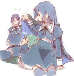  3girls akashi_manaka animal arm_at_side assault_lily black_cape black_skirt black_thighhighs blue_cape cape cape_lift cat closed_eyes commentary cropped_jacket cropped_leg flower frilled_skirt frills green_cape hair_flower hair_ornament hairclip hand_up high-waist_skirt highres juliet_sleeves lifting_own_clothes long_sleeves looking_at_another looking_down looking_to_the_side low_twintails lying motion_lines multiple_girls on_back open_mouth pink_flower profile puff_of_air puffy_sleeves rui_rui_rui0122 school_uniform shrug_(clothing) simple_background sitting skirt sleeping thigh-highs twintails two-sided_cape two-sided_fabric v-shaped_eyebrows violet_eyes watanabe_akane white_background white_shrug yoshimura_thi_mai yurigaoka_girls_academy_school_uniform zzz 