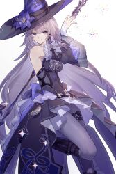  bare_shoulders black_boots black_pantyhose boots breasts detached_sleeves dress flower grey_hair hat herta_(honkai:_star_rail) highres honkai:_star_rail honkai_(series) key looking_at_viewer pantyhose purple_dress small_breasts solo suwa_(swk_kkk) the_herta_(honkai:_star_rail) violet_eyes witch_hat 