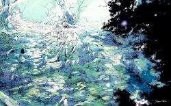  1other bare_tree cobblestone final_fantasy final_fantasy_xiv forest highres nature outdoors rubble ruins scenery signature solo tree yabuka_shiwa 