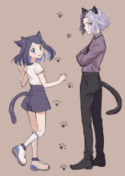  1boy 1girl absurdres amethio_(pokemon) animal_ears black_gloves black_hair black_pants black_ribbon black_shoes black_shorts black_tail blue_eyes blue_hair blush cat_boy cat_ears cat_girl cat_tail collared_shirt colored_inner_hair crossed_arms embarrassed floating_hair gloves grey_hair hair_intakes highres kemonomimi_mode kneehighs leg_up liko_(pokemon) looking_back multicolored_hair neck_ribbon oka_3776 open_mouth pants pokemon pokemon_(anime) pokemon_horizons purple_shirt ribbon shirt shoes short_shorts short_sleeves shorts sketch socks standing standing_on_one_leg sweatdrop t-shirt tail two-tone_hair wavy_mouth white_shirt white_shoes white_socks wing_collar 