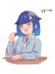  1girl blouse blue_cardigan blue_hair blush cardigan chocolate closed_eyes flower_hairpin gradient_hair hair_flaps highres medium_hair multicolored_hair neck_ribbon open_mouth ribbon shirt simple_background sketch solo tsubu_(kappunioyu562) tsumugi_kokage upper_body virtual_youtuber vspo! white_background white_shirt 