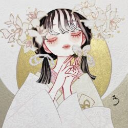  1girl black_hair bug butterfly closed_eyes colored_fingertips eyelashes eyeshadow flower highres japanese_clothes kimono layered_kimono lips long_hair low_twintails makeup original portrait red_eyeshadow red_lips rope shiguretau shiromuku signature solo twintails uchikake white_kimono wide_sleeves 