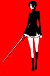  blood+ cycle9 dress lowres monochrome otonashi_saya red red_background red_eyes short_hair sword weapon 