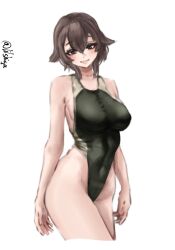  1girl black_hair black_one-piece_swimsuit brown_eyes competition_swimsuit hair_flaps hayasui_(kancolle) highleg highleg_one-piece_swimsuit highres kantai_collection lilshigu one-piece_swimsuit short_hair simple_background smile solo swimsuit twitter_username two-tone_swimsuit white_background 