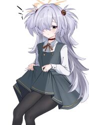  ! !! 1girl black_pantyhose blue_archive blush bright_pupils brown_ribbon buttons chinese_commentary clothes_lift collared_shirt commentary_request diagonal-striped_ribbon double-breasted dress dress_lift eyeball_hair_ornament feet_out_of_frame green_dress grey_hair hair_intakes hair_over_one_eye halo invisible_chair jpeg_artifacts kanoe_(blue_archive) lifting_own_clothes listjoy long_bangs long_hair long_sleeves looking_at_viewer neck_ribbon one_eye_covered orange_halo pantyhose parted_lips pinafore_dress ribbon scar scar_on_neck shirt sitting sleeveless sleeveless_dress solo spiky_hair surprised sweatdrop two_side_up very_long_hair white_pupils white_shirt yellow_eyes 