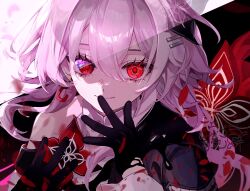  1girl absurdres asymmetrical_dress black_flower black_gloves blue_eyes commentary dress earrings evernight_(honkai:_star_rail) flower flower_ornament gloves gmpoo93 hair_between_eyes hair_ornament hairclip highres honkai:_star_rail honkai_(series) jellyfish jewelry long_hair looking_at_viewer march_7th_(honkai:_star_rail) official_alternate_eye_color parallel_hairclips pink_hair red_eyes red_flower signature single_bare_shoulder single_earring smile solo split_theme 