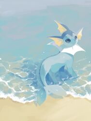  animal_focus beach blue_eyes blue_fur blue_sclera cetacean_tail closed_mouth colored_sclera fins fish_tail forked_tail full_body head_fins highres looking_at_viewer merino_(merino_9999) no_humans ocean outdoors pokemon pokemon_(creature) pokemon_focus solo tail vaporeon water 