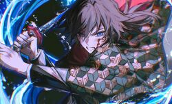  1boy black_hair black_jacket black_pants blood blood_on_face blue_eyes clenched_teeth demon_slayer_uniform hair_between_eyes haori high_collar highres holding holding_sword holding_weapon jacket japanese_clothes katana kikkoumon kimetsu_no_yaiba looking_at_viewer low_ponytail male_focus pants ponytail print_haori q8d_m red_haori solo spiky_hair sword sword_writing teeth tomioka_giyuu twitter_username upper_body water weapon 
