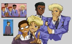  1girl 6+boys alternate_skin_color androgynous black_hair black_necktie blazer blonde_hair blue_eyes blue_jacket blush brown_eyes brown_hair capsule_(capsulecomputrz) cheek-to-cheek collared_shirt commentary crossdressing crossdressing_(ftm) curly_hair dark-skinned_female dark-skinned_male dark_skin fujioka_haruhi glasses grey-framed_eyewear grey_background hand_on_another&#039;s_shoulder haninozuka_mitsukuni heads_together highres hitachiin_hikaru hitachiin_kaoru jacket long_sleeves looking_at_viewer male_focus morinozuka_takashi multiple_boys necktie one_eye_closed ootori_kyouya opaque_glasses open_mouth ouran_high_school_host_club ouran_high_school_uniform purple_sweater reverse_trap school_uniform screenshot_inset shirt short_hair simple_background smile suou_tamaki sweatdrop sweater symbol-only_commentary undercut v very_short_hair white_shirt 