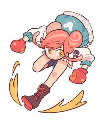  1girl aqua_jacket black_boots boots boxer boxing_gloves bright_pupils clenched_hand closed_mouth dolman_(dm) dot_nose eyes_visible_through_hair floating_hair full_body gloves happy jacket jersey kicking knees long_sleeves looking_at_viewer loose_hair_strand mouse_print original pink_hair puffy_long_sleeves puffy_sleeves red_gloves ribbon-trimmed_jacket short_hair_with_long_locks shorts simple_background smile solo source_request striped_clothes striped_shorts swept_bangs third-party_source vertical-striped_clothes vertical-striped_shorts white_background white_pupils white_shorts white_sleeves yellow_eyes 