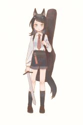  1girl animal_ear_fluff animal_ears arknights bang_dream! bang_dream!_it&#039;s_mygo!!!!! black_hair black_shoes black_shorts black_socks chinese_commentary closed_mouth collared_shirt commentary_request full_body highres holding holding_sword holding_weapon instrument_case kemonomimi_mode loafers long_hair long_sleeves looking_at_viewer necktie ni_zai_zhi red_necktie shirt shoes shorts simple_background socks solo standing sword tail weapon white_background white_shirt wolf_ears wolf_girl wolf_tail yahata_umiri yahata_umiri_(moonlight_executioner) 