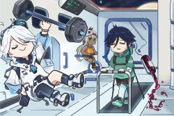  1boy 2girls aqua_hair black_hair blue_hair bottle braid dark-skinned_female dark_skin exercise_machine exercising furina_(genshin_impact) genshin_impact green_eyes green_hoodie grey_hair highres hood hoodie iansan_(genshin_impact) long_hair long_sleeves multicolored_hair multiple_girls official_art shirt shorts twin_braids venti_(genshin_impact) white_hair white_hoodie white_shirt white_shorts wine_bottle xinzoruo 