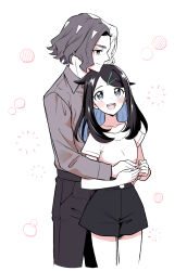  1boy 1girl :d amethio_(pokemon) black_pants black_shorts blue_eyes blue_hair brown_eyes collarbone collared_shirt colored_inner_hair couple grey_hair grey_shirt hair_ornament hairband hairclip head_on_head head_rest hetero highres hug hug_from_behind liko_(pokemon) limited_palette long_sleeves looking_up multicolored_hair oka_3776 pants pokemon pokemon_(anime) pokemon_horizons shirt short_shorts short_sleeves shorts sketch smile t-shirt two-tone_hair white_background white_hairband white_shirt wing_collar 