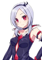 1girl absurdres arm_strap black_choker black_hairband black_jacket breasts choker closed_mouth collarbone detached_sleeves eas_(fresh_precure!) eyebrows_hidden_by_hair fresh_precure! grey_hair hairband highres jacket long_hair looking_at_viewer medium_breasts myarikuru parted_bangs precure red_eyes simple_background sketch sleeveless sleeveless_jacket solo upper_body white_background