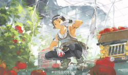  1boy absurdres animal_ears arknights armpits black_pants chinese_commentary closed_mouth cow_boy cow_ears cow_horns cow_tail di_yingli_bu_anmian_zhen food fruit gloves highres holding holding_food holding_fruit horns male_focus muscular muscular_male pants pectorals single_sleeve smile socks tail tomato translation_request visor_cap wan_qing_(arknights) wan_qing_(tons_of_sunshine)_(arknights) white_gloves white_socks 