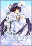  blue_hair bouquets bride carnelian dress elbow_gloves flower gloves kao_no_nai_tsuki kuraki_suzuna long_hair purple_hair wedding_dress 