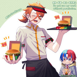  2boys alternate_costume blue_eyes blue_hair burger employee_uniform fast_food_uniform fire_emblem fire_emblem_engage food hizatarohizaya male_alear_(fire_emblem) multiple_boys open_mouth orange_hair pandreo_(fire_emblem) red_hair visor_cap yellow_eyes 