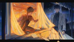  2boys :o absurdres bandage_on_face bandages belt black_eyes black_hair black_shirt brown_vest classroom climbing coat collared_shirt color_contrast comet curtains dual_persona highres kim_dokja kneeling letterboxed looking_at_another male_focus multiple_boys oldest_dream omniscient_reader&#039;s_viewpoint outside_border papercider planet shirt short_hair space sunlight surprised train_interior vest white_coat 