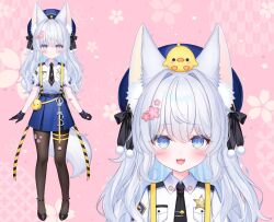  1girl animal_ears belt black_necktie black_shoes blue_eyes blush coratfg cuffs fox_ears gloves handcuffs indie_virtual_youtuber necktie pantyhose police police_badge police_uniform policewoman reference_sheet shirt shoes shouu-kun skirt smile suspenders virtual_youtuber white_hair white_shirt 