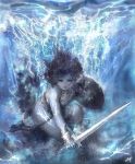 bubble floating_hair hair_raising mitsuba original shield sword underwater water weapon 