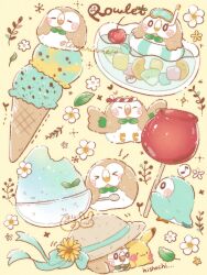  animal_focus bird bowl brain_freeze candy_apple commentary_request flower food fruit_punch_(drink) glass_bowl hachimaki headband highres holding holding_spoon ice_cream ice_cream_cone innertube leaf multiple_views musical_note no_humans oversized_food oversized_object pikachu poke_ball pokemon pokemon_(creature) rowlet shaved_ice shout_lines simple_background sitting sparkle speech_bubble spoken_musical_note spoon swim_ring temariame14 white_flower yellow_background yellow_flower 