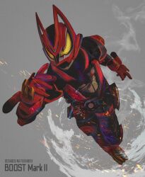  1boy black_bodysuit bodysuit boost_mark_ii_buckle desire_driver full_body grey_background helmet highres kamen_rider kamen_rider_geats_(series) kamen_rider_geats_boost_mark_ii male_focus obakelope0530 red_helmet simple_background solo tokusatsu yellow_eyes 