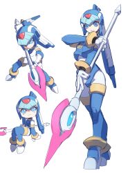  1girl absurdres armor blue_armor blue_eyes blue_helmet chibi fairy_leviathan_(mega_man) fins forehead_jewel full_body head_fins helmet highres holding holding_polearm holding_weapon mega_man_(series) mega_man_zero_(series) multiple_views omochi_(mochi_skymega) polearm simple_background spear weapon white_background 